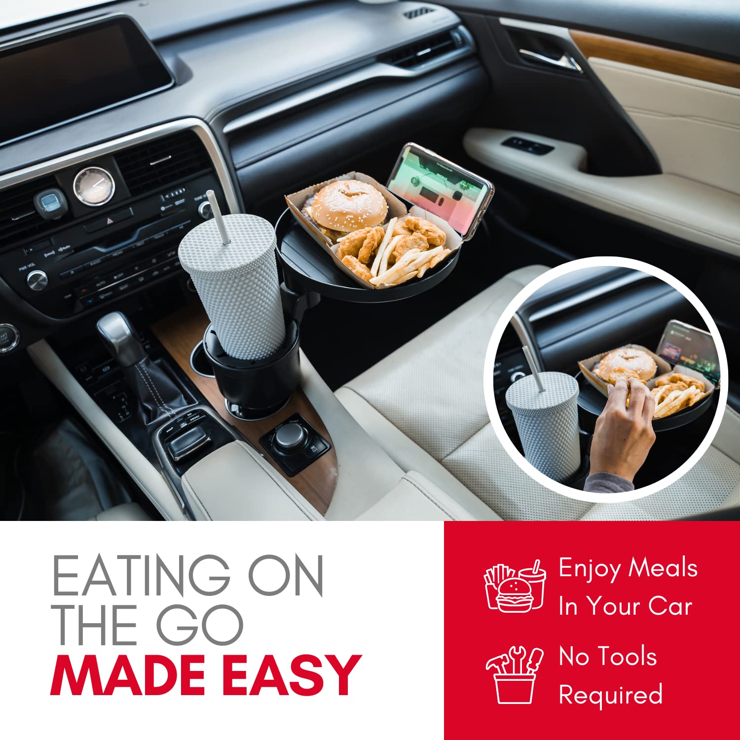 Macally Car Cup Holder Tray And Cup Holder Expander With Phone Slot- Enjoy Your Meal - 9 Food Tray Table And Drink Holder For Yeti, Hydroflask, Etc.